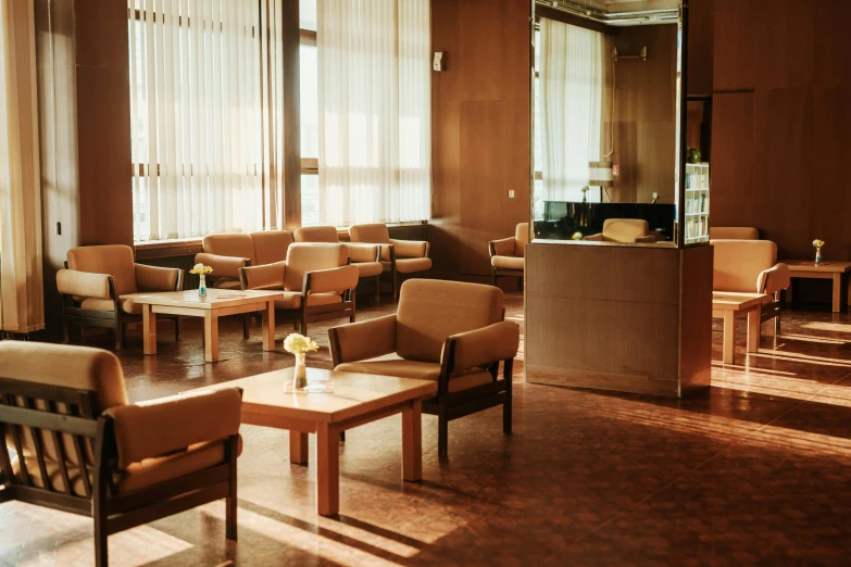 a living room filled with furniture and lots of windows, by Yasushi Sugiyama, unsplash, modernism, gentleman's club lounge, espoo, ignant, brown