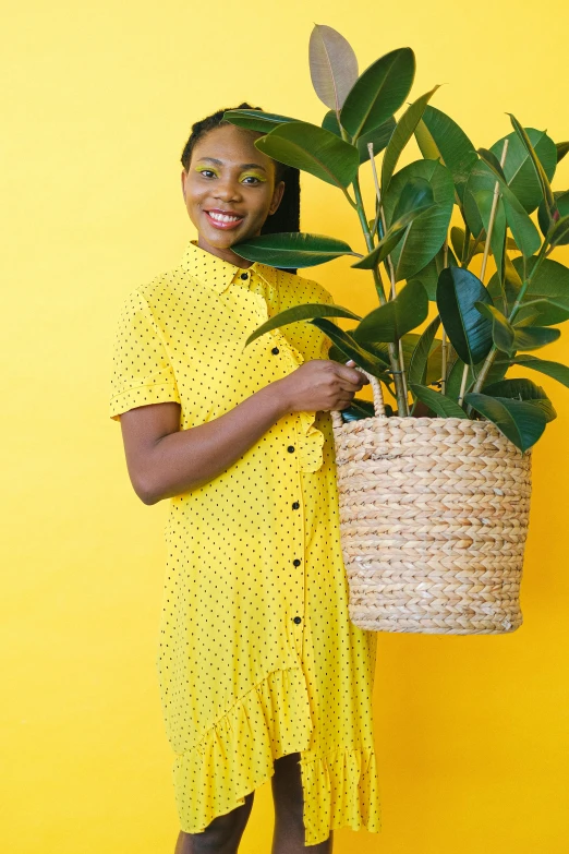 a woman in a yellow dress holding a basket with a plant, shutterstock contest winner, polka dot, collection product, large tall, styling