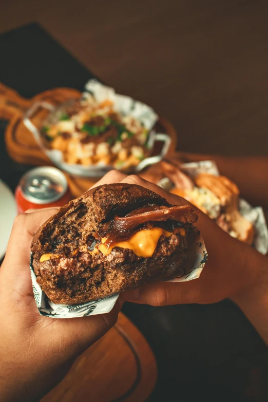 a close up of a person holding a sandwich, serving burgers, buzzed sides, profile image, uncrop