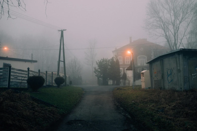 a foggy road in front of a house on a foggy day, inspired by Elsa Bleda, pexels contest winner, realism, soviet suburbs, gloomy lights in the sky, small village, transylvania