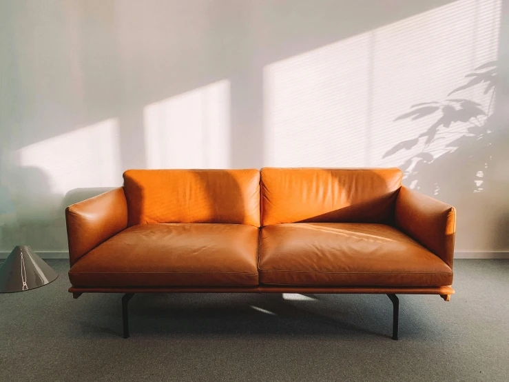 a brown leather couch sitting on top of a carpeted floor, inspired by Christo, pexels contest winner, modernism, orange light, in an office, soft rubber, slightly minimal