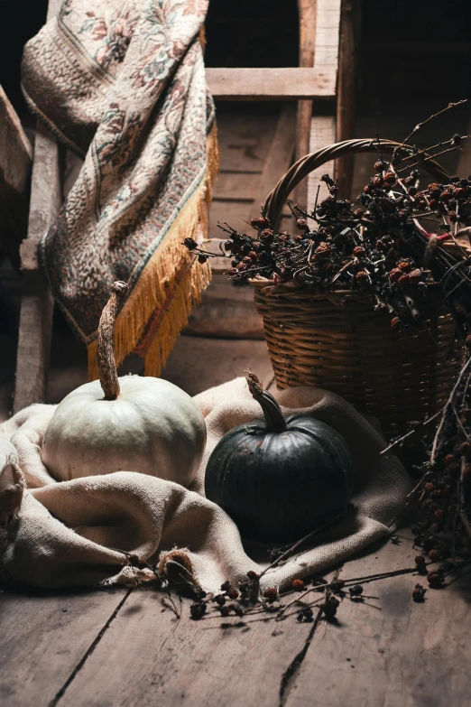 a pile of pumpkins sitting on top of a wooden floor, a still life, inspired by Elsa Bleda, trending on unsplash, renaissance, medieval cottage interior, dried herbs, dark and white, slide show