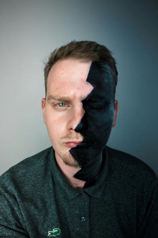 a man with a fake mustache on his face, inspired by David Wojnarowicz, trending on reddit, photorealism, black dress : : symmetrical face, lightning bolt scar on forehead, white man with black fabric mask, half human half robot