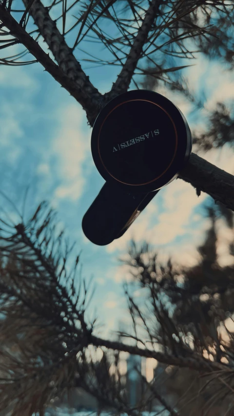 a camera sitting on top of a tree branch, by Adam Szentpétery, unsplash, hurufiyya, amoled, low quality photo, headset, sky view