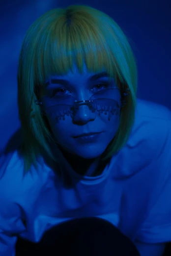 a close up of a person with glasses on, an album cover, inspired by Elsa Bleda, blue and yellow lighting, white bangs, cinematic full shot, ((blue))