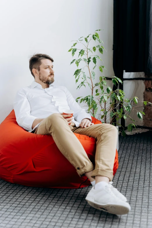 a man sitting on a bean bag chair, inspired by Otakar Sedloň, smart casual, next to a plant, customers, lgbtq