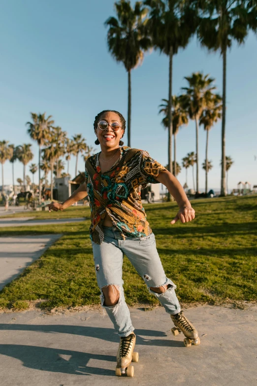 a woman riding a skateboard down a sidewalk, by Stokely Webster, happening, palm trees on the beach, smiling and dancing, pokimane, standing in a grassy field