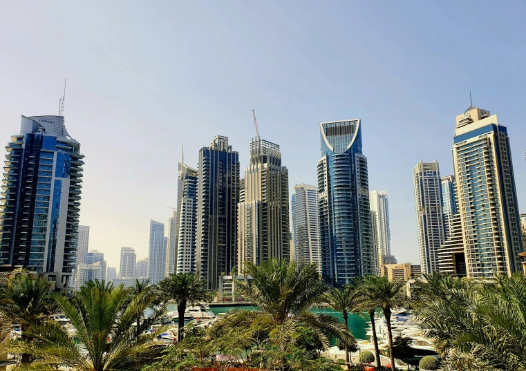a view of a city with tall buildings and palm trees, pexels contest winner, hurufiyya, middle eastern skin, youtube thumbnail, in a beachfront environment, skyscrapers with greenery