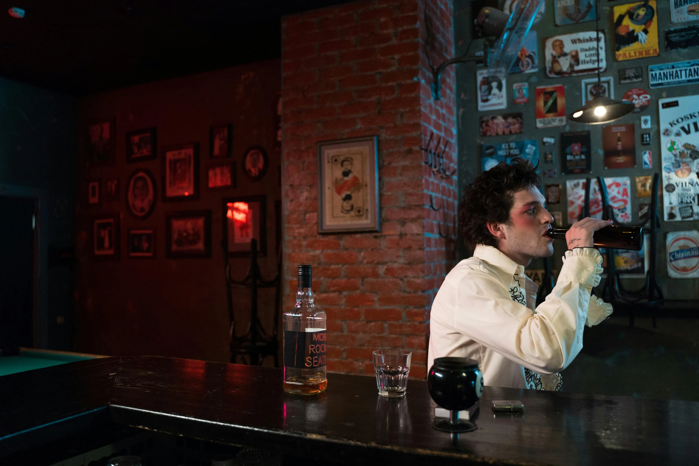 a man sitting at a bar drinking a glass of wine, grindhouse, fan favorite, cinestill 800t technicolor, xqc