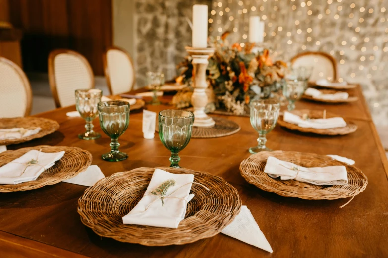 a table that has a bunch of place settings on it, pexels contest winner, renaissance, arrendajo in avila pinewood, green and warm theme, mexico, teaser