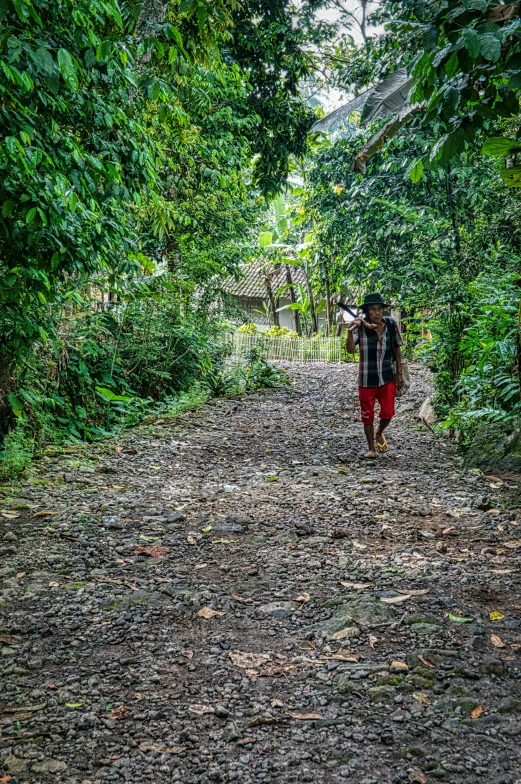 a man walking down a dirt road surrounded by trees, sumatraism, secretly on a village, wide greenways, we go, explore