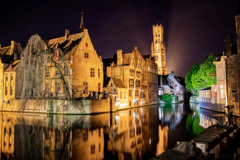 a river running through a city next to tall buildings, by Daniel Seghers, pexels contest winner, renaissance, victorian harbour night, epic castle with tall spires, flanders, square