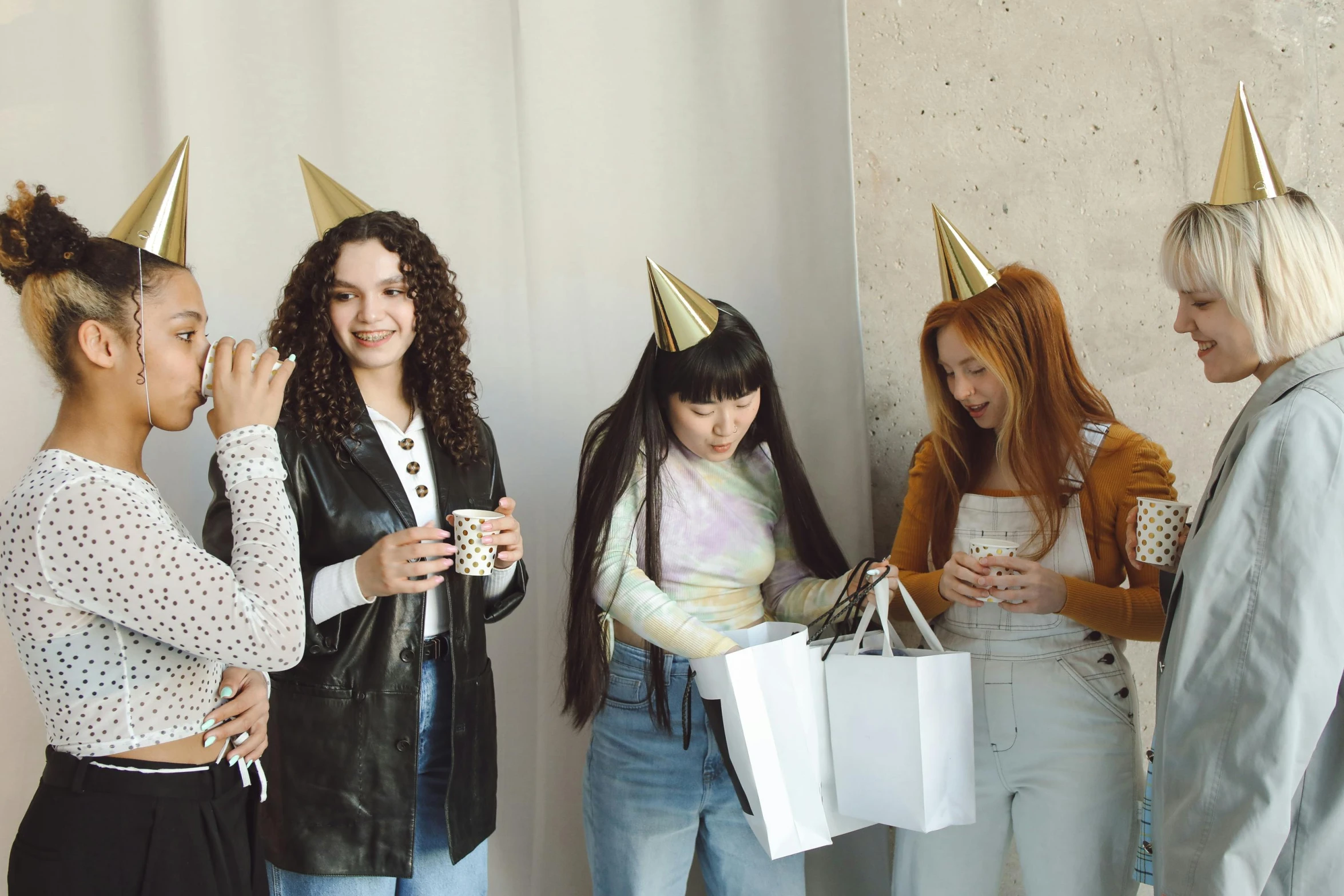 a group of women standing next to each other, trending on pexels, happening, wearing a party hat, avatar image, wearing casual clothes, promotional image