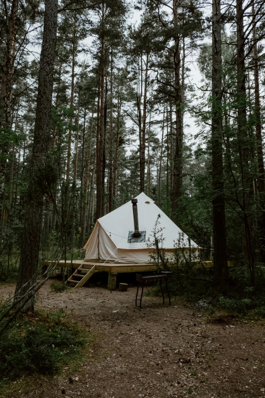 a tent sitting in the middle of a forest, in style of heikala, exterior, birch, exterior photo