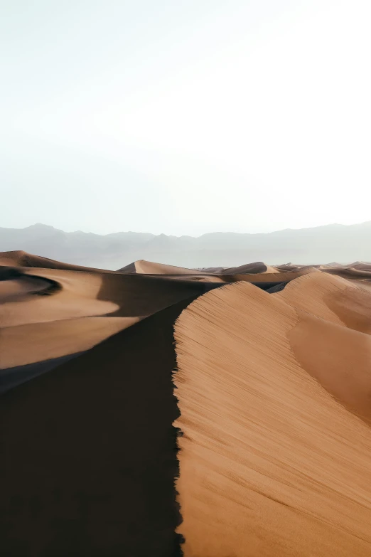 a desert with sand dunes and mountains in the background, pexels contest winner, flowing lines, gradient, they might be crawling, looking partly to the left