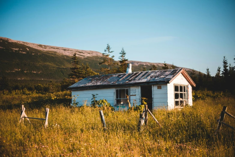 a small white house sitting in the middle of a field, pexels contest winner, alaska, rusty, summer sunlight, moody : : wes anderson