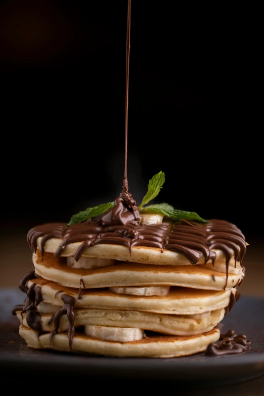 a stack of pancakes being drizzled with chocolate, by Andries Stock, square, 8 k 4 k, high quality picture, brazilian