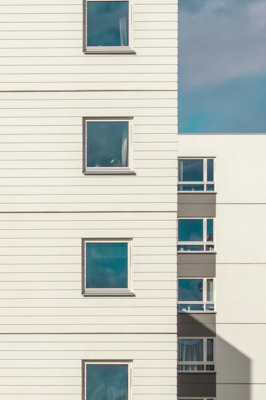 a tall white building with lots of windows, a minimalist painting, unsplash, modernism, white plank siding, zoomed in shots, square lines, 15081959 21121991 01012000 4k