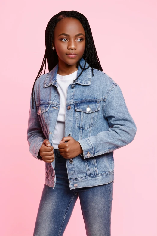 a young girl wearing a denim jacket and jeans, by Ella Guru, on clear background, promo image, rounded face, 15081959 21121991 01012000 4k