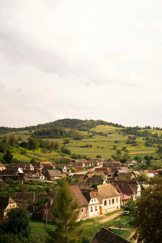 a view of a village from the top of a hill, inspired by Ernő Tibor, unsplash, renaissance, slide show, low - angle shot, film photo, lush surroundings