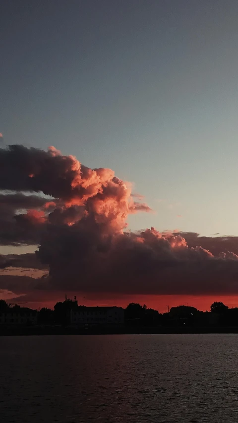 a large body of water with a sunset in the background, by Alexis Grimou, ominous red cumulonimbus clouds, alessio albi, late summer evening, today\'s featured photograph 4k