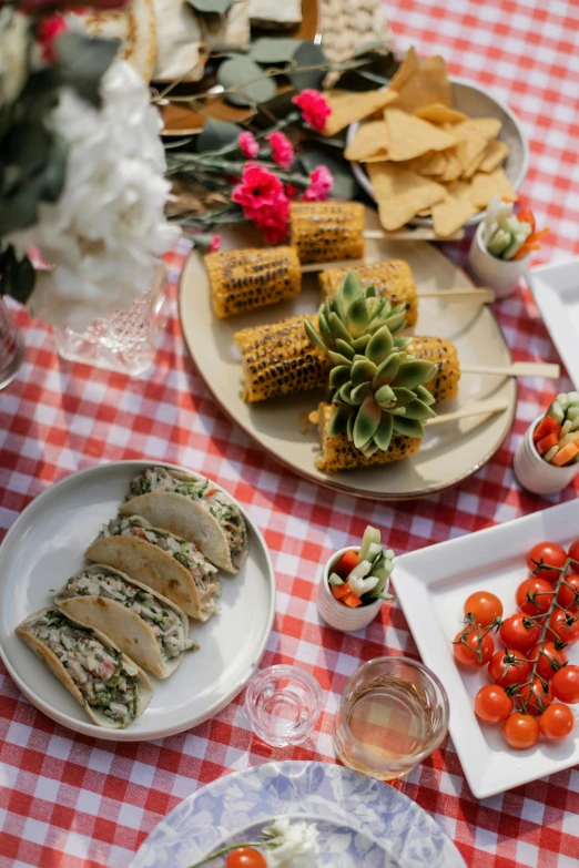 a table topped with plates of food on top of a red and white checkered table cloth, corn, picnic, profile image, tacos