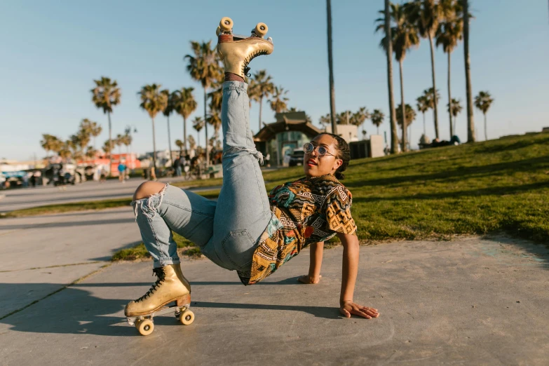 a person on a skateboard doing a trick, by Julia Pishtar, pexels contest winner, kitsch movement, beautiful city black woman only, southern california, crawling on the ground, an ahoge stands up on her head