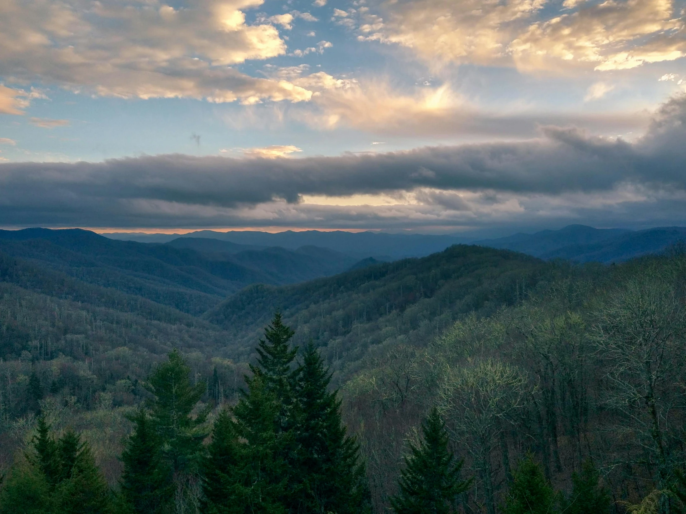 a view of the mountains from the top of a hill, by Dan Frazier, unsplash contest winner, renaissance, tn, old growth forest, spring evening, gray