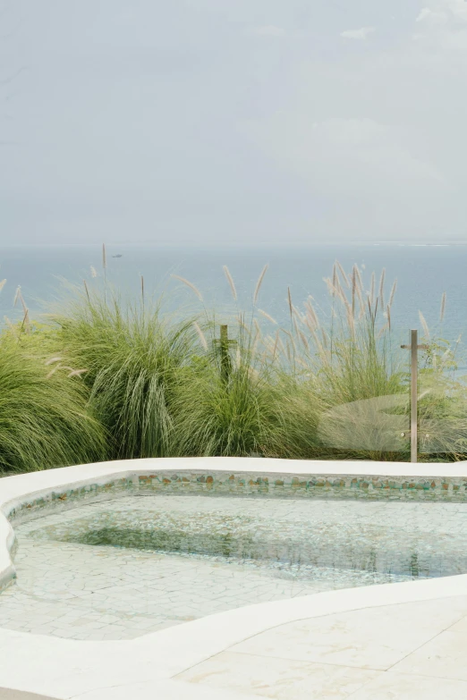 a man riding a skateboard down a sidewalk next to a swimming pool, an album cover, by David Simpson, renaissance, overlooking the ocean, reeds, # nofilter, bathtub