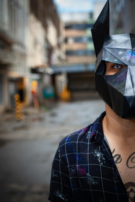 a man wearing a paper mask on his face, inspired by Okuda Gensō, afrofuturism, kowloon cyberpunk cityscape, wearing a dark hood, half man half wolf, made of metal