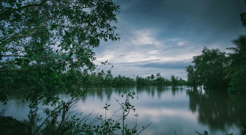 a body of water surrounded by trees under a cloudy sky, hurufiyya, cinematic image, angkor thon, fiona staples, spring evening