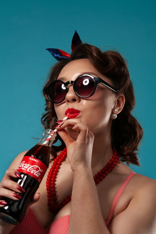 a woman in sunglasses drinking a coca cola, a colorized photo, inspired by Dorothy Coke, pexels contest winner, pop art, pixar portrait 8 k photo, pose 4 of 1 6, attractive girl, doing a sassy pose