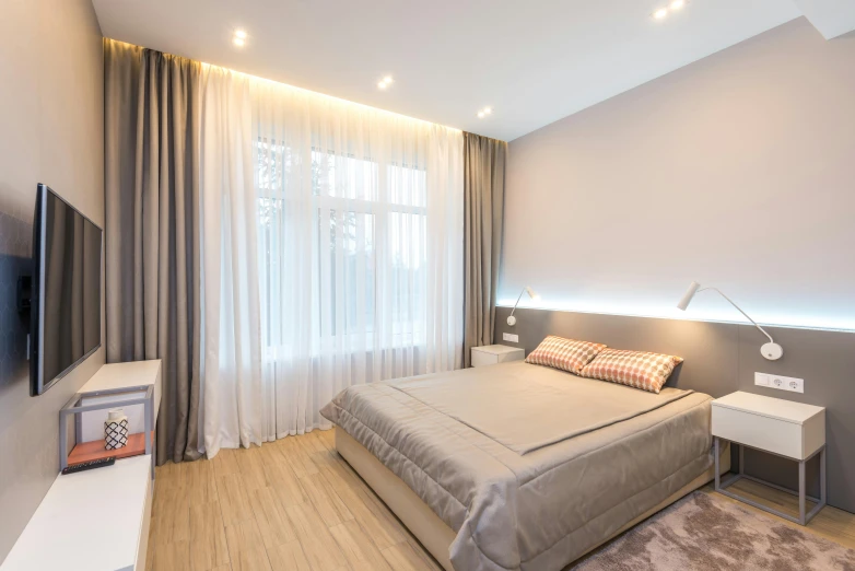 a bed room with a neatly made bed and a flat screen tv, by Adam Marczyński, pexels contest winner, light and space, taupe, curtains, white and grey, soft grey and red natural light