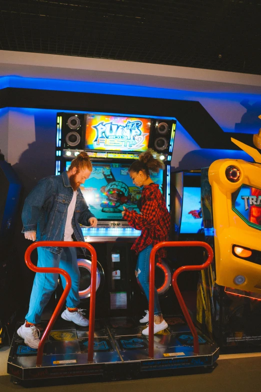 a group of people playing a video game, theme park, spacestation, arcade, nights