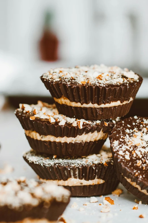 a pile of chocolate cups covered in powdered sugar, unsplash, award - winning crisp details ”, caramel. rugged, fan favorite, healthy