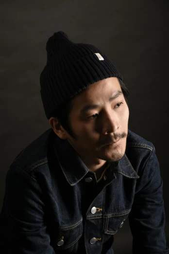 a close up of a person wearing a hat, a portrait, shin hanga, beanie, stoic pose, terada katsuya, profile image