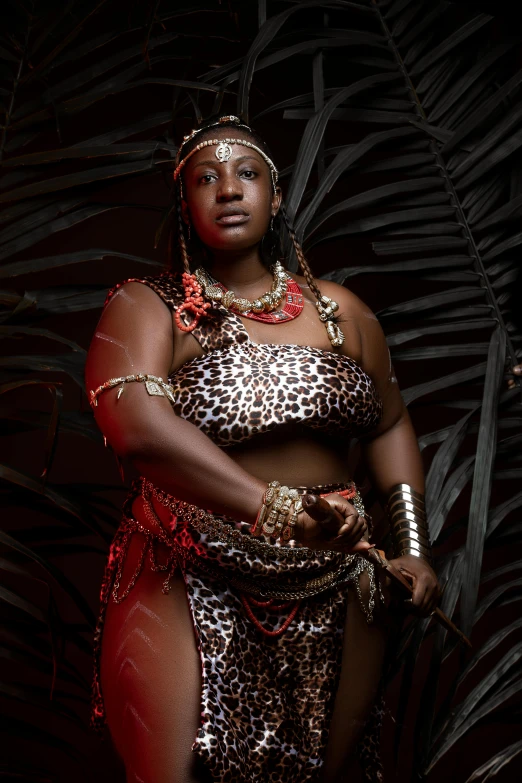 a woman dressed in a leopard print outfit, an album cover, by Lily Delissa Joseph, trending on pexels, afrofuturism, curvaceous. detailed expression, traditional dress, rustic, lgbtq