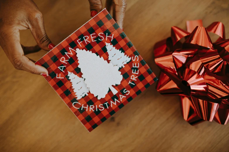 a person holding a christmas card on top of a table, lumberjack flannel, fresh, product shot, central tree