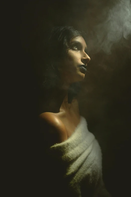 a woman with smoke coming out of her mouth, an album cover, inspired by casey baugh, pexels contest winner, figurative art, paul barson, cleopatra portrait, bathing in light, studio medium format photograph