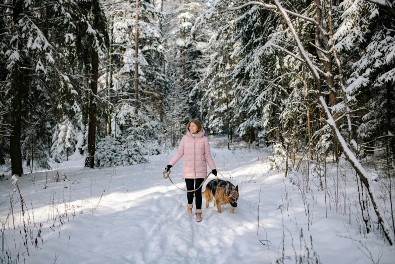 a woman walking a dog through a snowy forest, by Emma Andijewska, pexels contest winner, avatar image, 000 — википедия, pink forest, sport