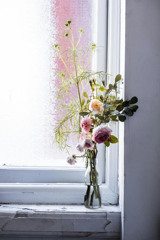 a vase of flowers sitting on a window sill, featured on pinterest, romanticism, opaque glass, tall