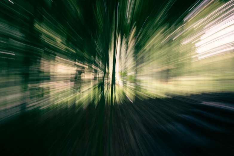 a blurry image of trees in a forest, by Peter Churcher, unsplash, abstract expressionism, wideangle action, ((trees)), hyperspeed, muted green