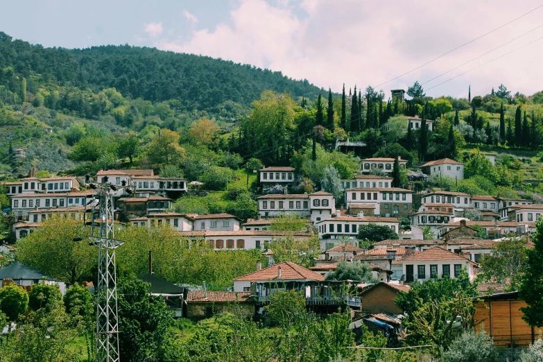 a group of houses sitting on top of a lush green hillside, mount olympus, 🚿🗝📝, tiled roofs, square