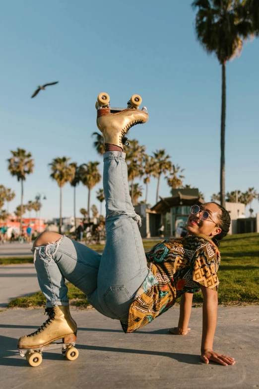 a man is doing a trick on a skateboard, by Nina Hamnett, trending on pexels, happening, cosplayer dressed like a crab, california, wearing gold glasses, playful pose of a dancer