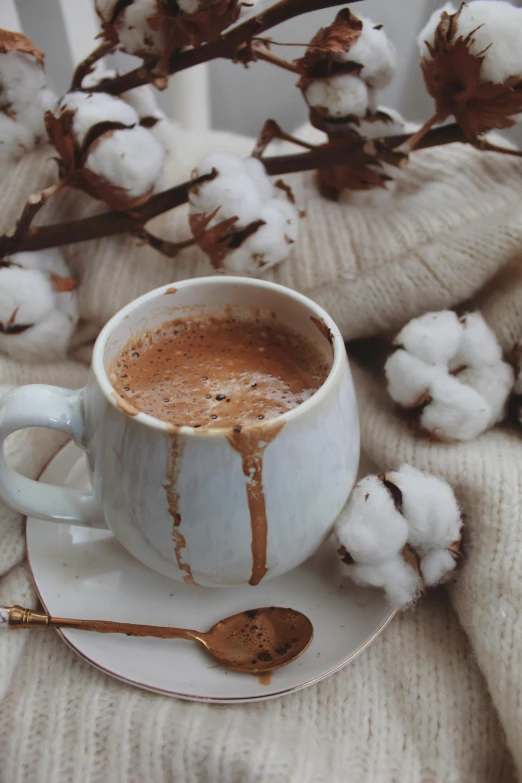 a cup of coffee sitting on top of a saucer, cotton, with a cup of hot chocolate, thumbnail, fluffy