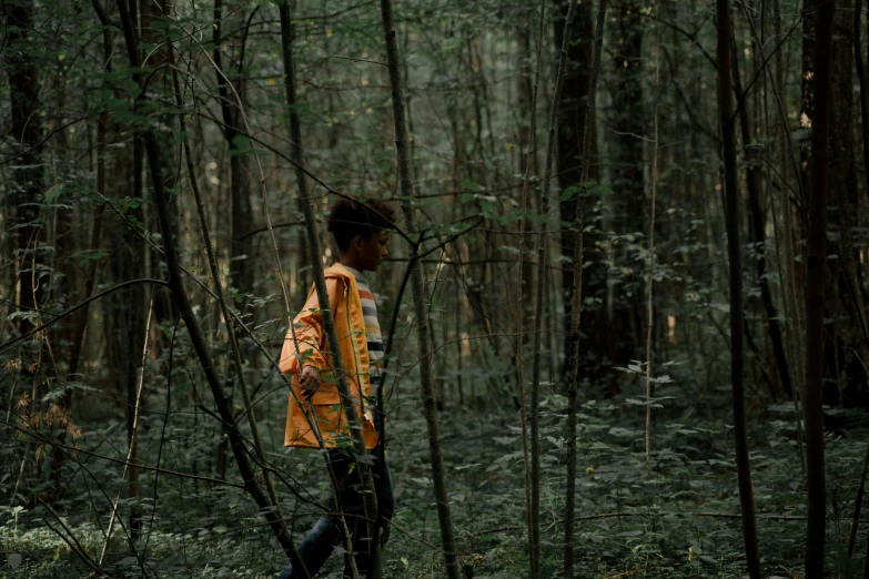 a person standing in the middle of a forest, orange jacket, patterned clothing, shot with sony alpha, schools