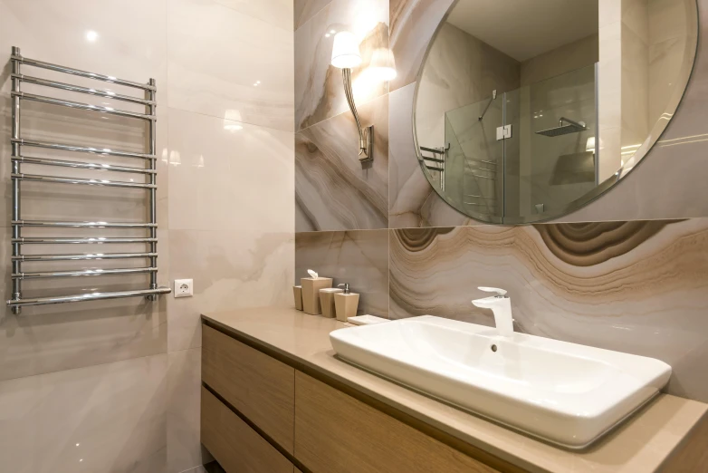 a bath room with a sink a mirror and a towel rack, pexels contest winner, stone and glass and gold, manly design, city apartment, high quality artwork