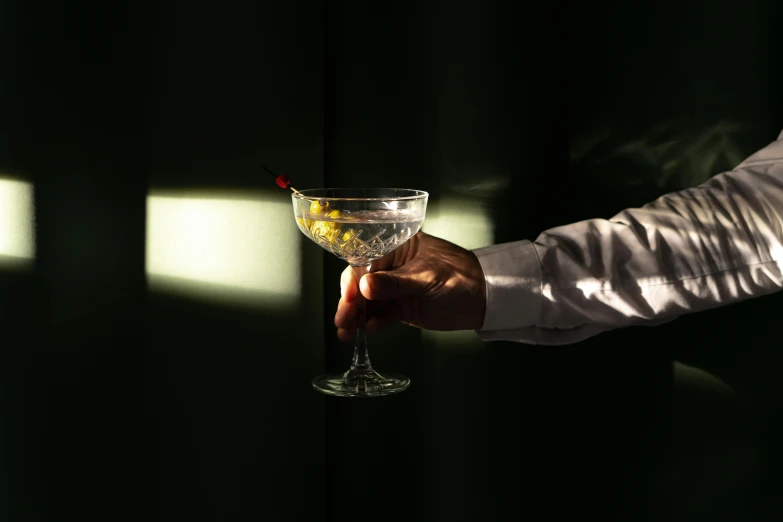 a close up of a person holding a wine glass, inspired by Carlo Martini, under a spotlight, modern crystal martini glass, nightcap, ignant