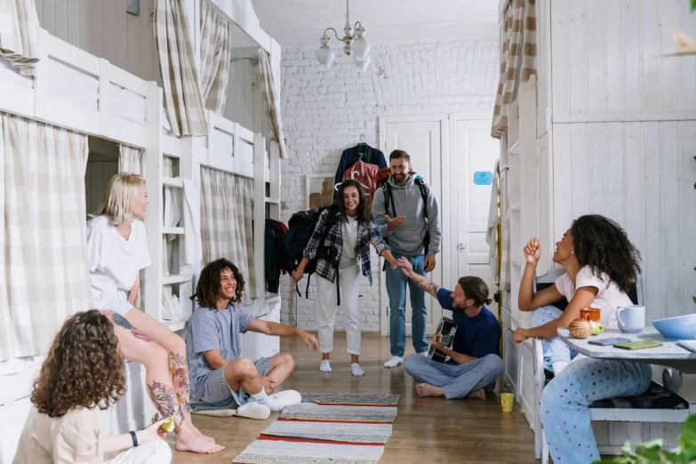 a group of people in a room with bunk beds, pexels contest winner, renaissance, college party, ouchh and and innate studio, white room, cast