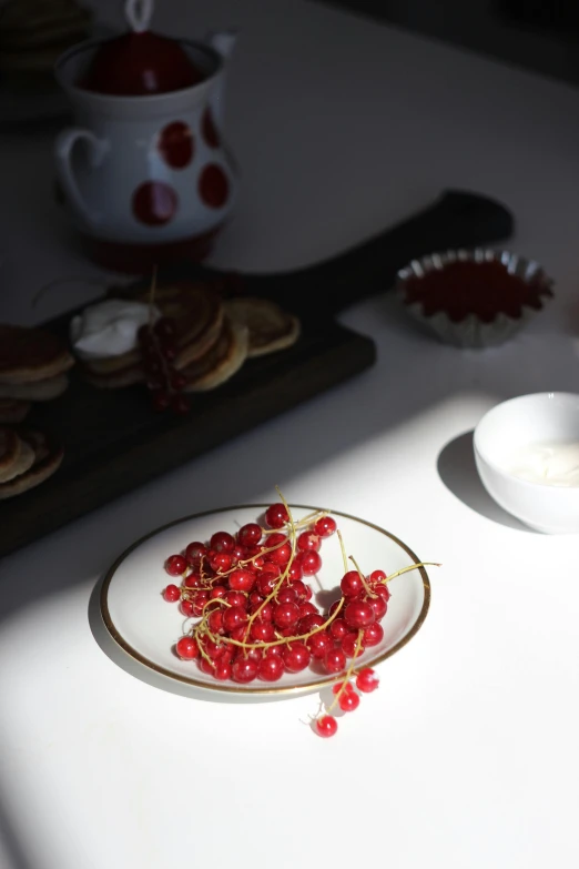 a close up of a plate of food on a table, a still life, by Luma Rouge, unsplash, photorealism, berries inside structure, backlight, ilustration, on kitchen table